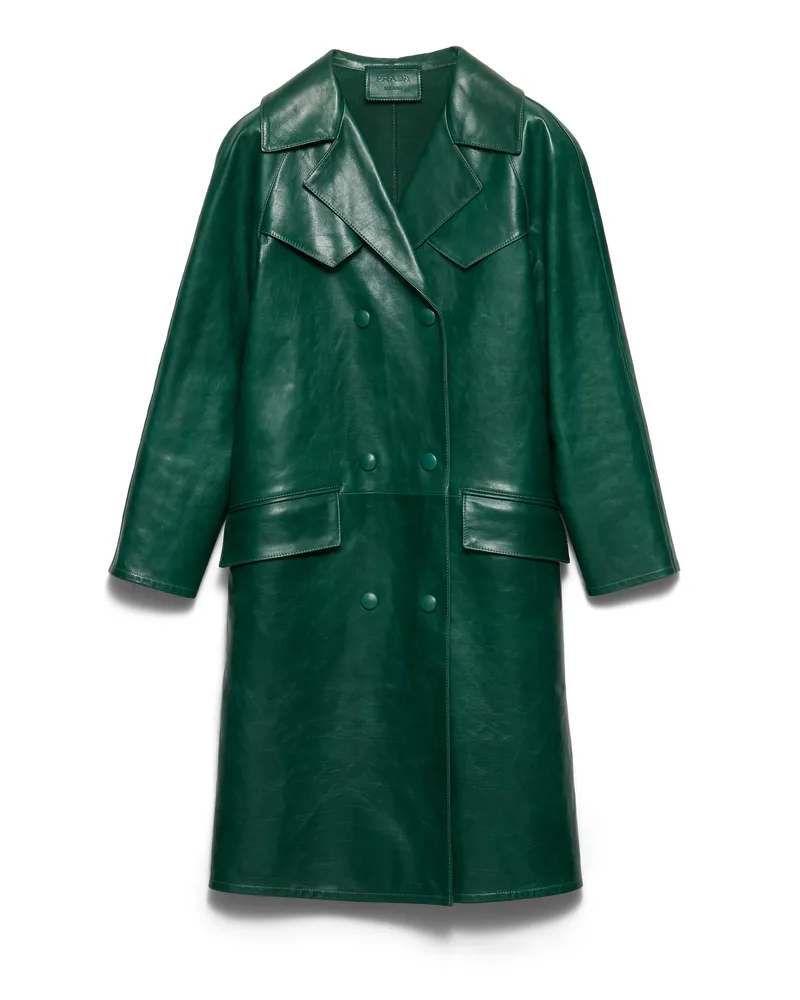 Prada Doppelreihiger Mantel Aus Leder, Damen, Smaragdgrün, Größe Smaragdgrün