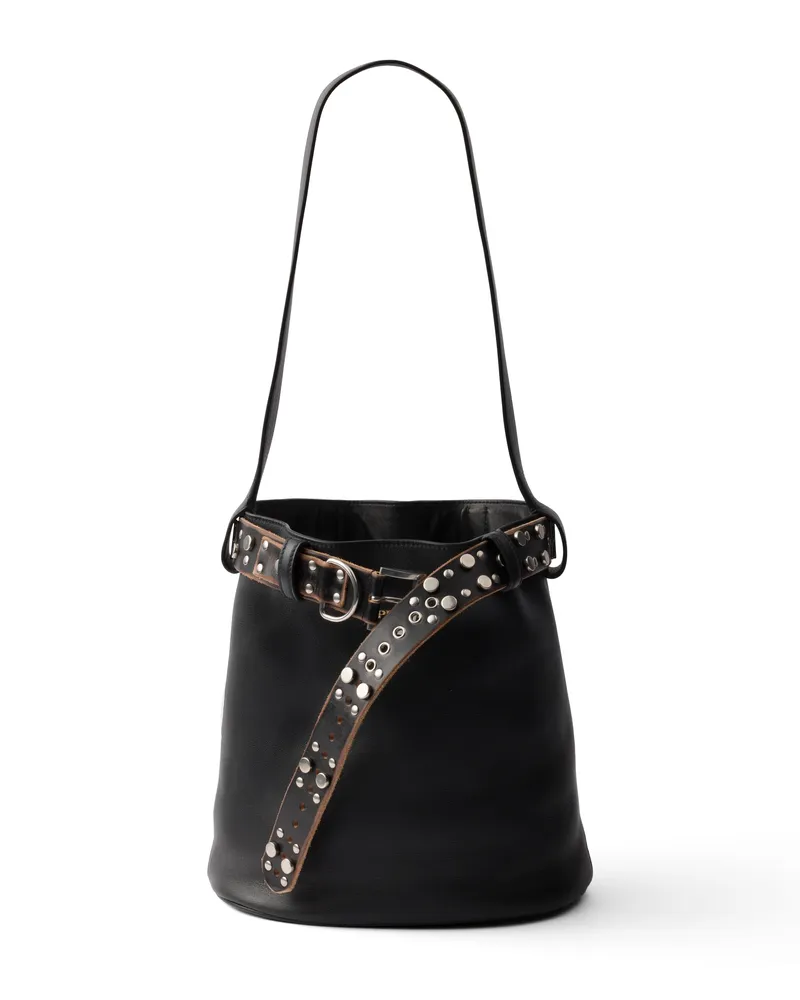 Prada Buckle Bucket Bag Aus Leder Mit Gürtel Mit Nieten, Damen, Schwarz Schwarz