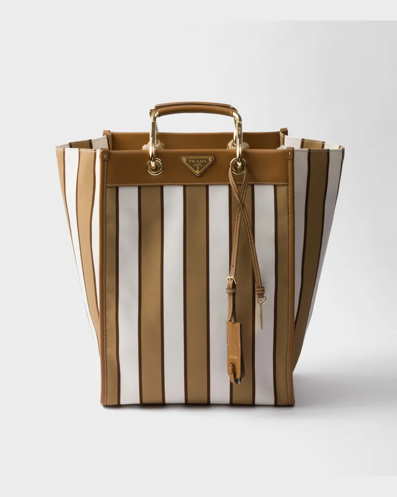 Prada Große Tote Bag aus bedrucktem Canvas und Leder Camel