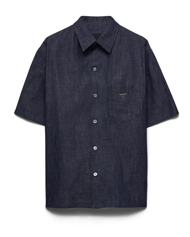 Prada Kurzarm-hemd Aus Chambray-denim, Herren, Blau, Größe Blau
