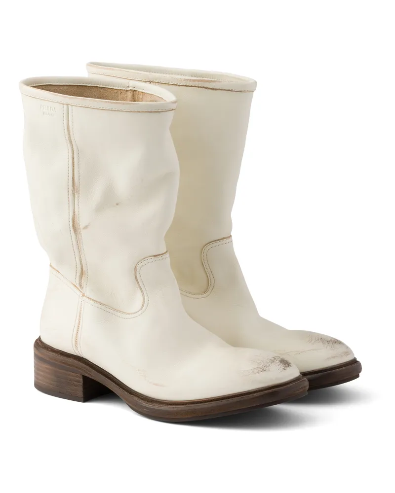 Prada Stiefel Aus Leder Mit Vintage-effekt, Damen, Kalkweiss, Größe Kalkweiss