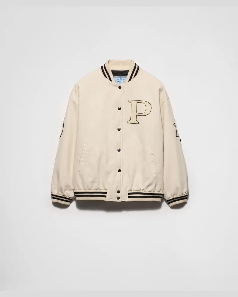 Prada Bomberjacke aus Canvas mit Aufnähern Elfenbein