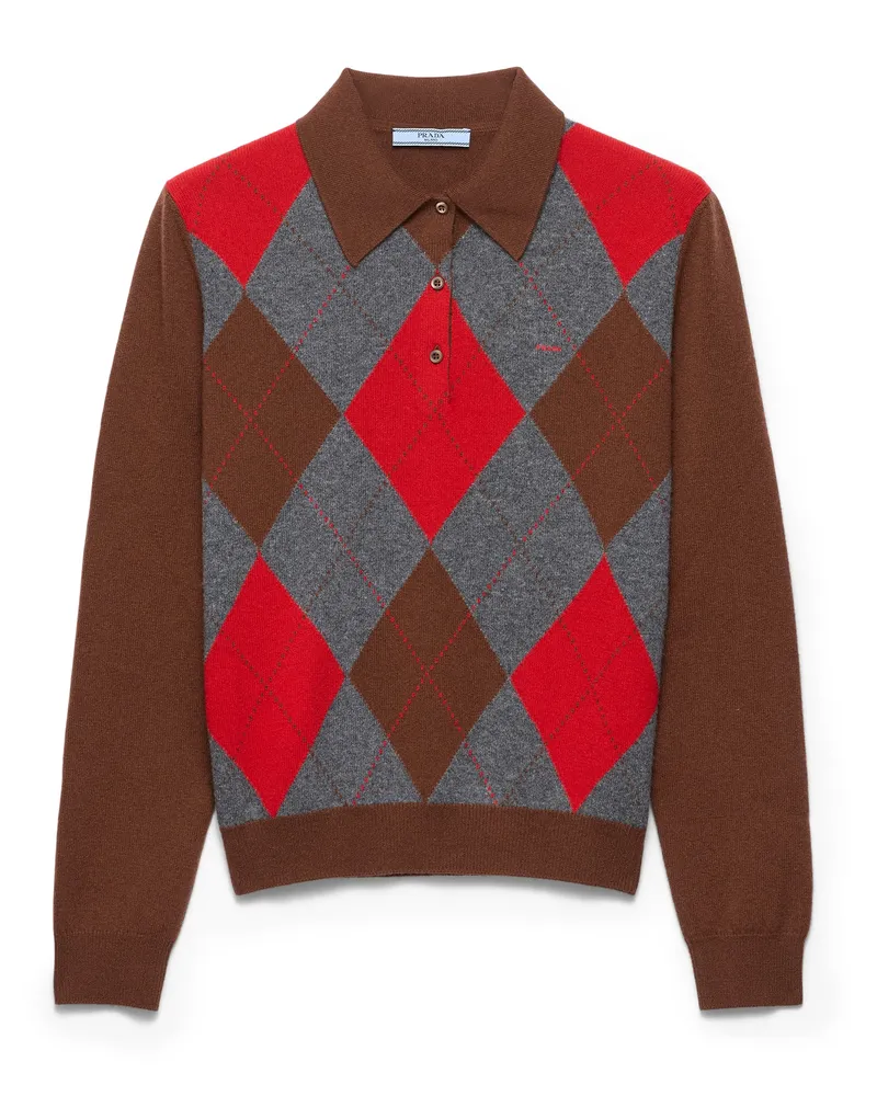 Prada Argyle Polo-pullover Aus Kaschmir, Damen, Tabak/schiefer, Größe Tabak