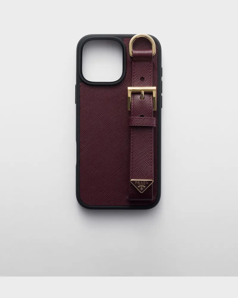 Prada Hülle für iPhone 16 Pro Max aus Saffiano-Leder Burgunderrot