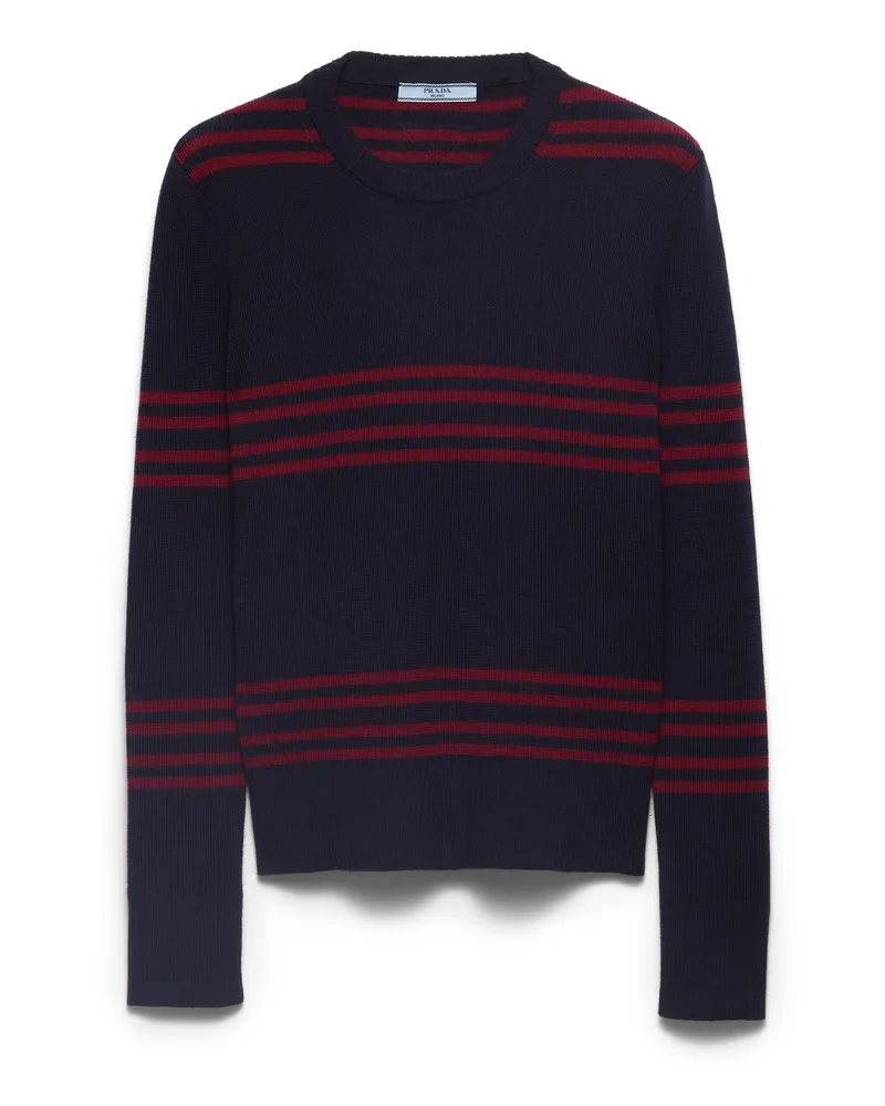 Prada Rundhalspullover Aus Wolle, Damen, Blau/burgunderrot, Größe Blau