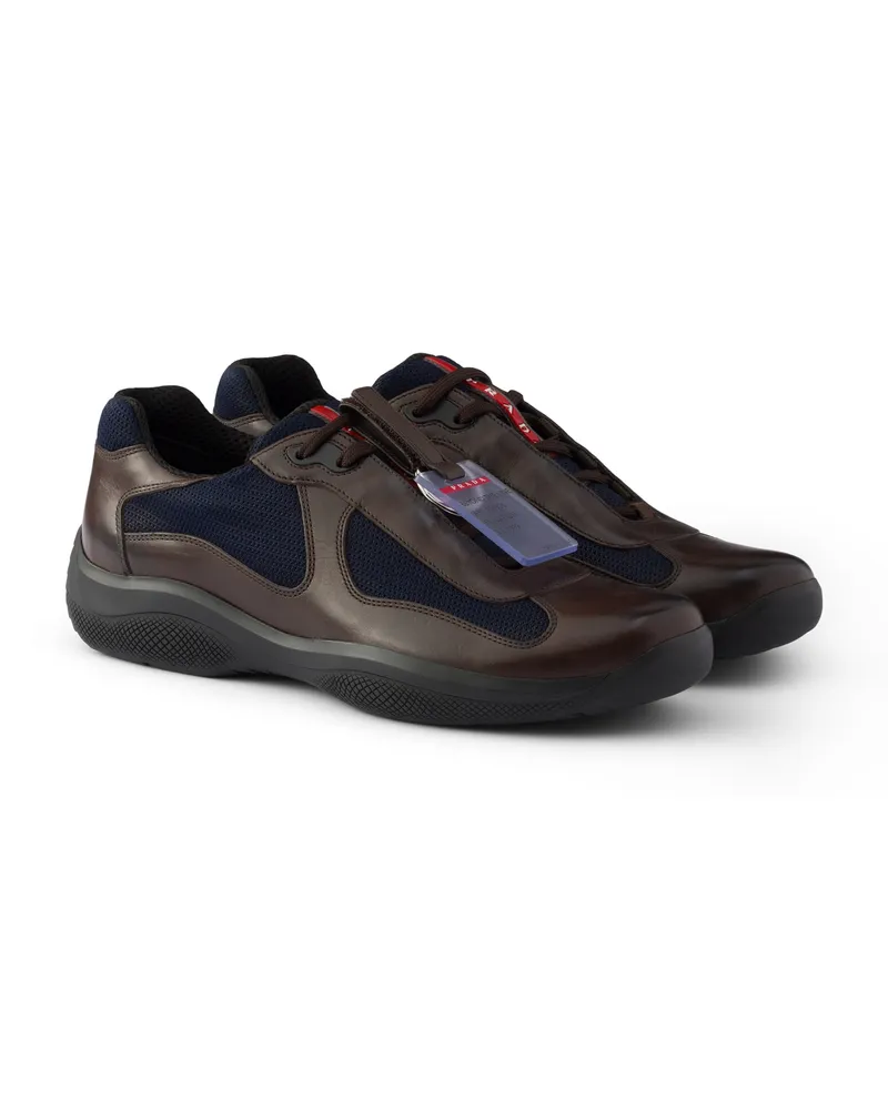 Prada Prada America's Cup Original Sneaker Aus Gebürstetem Leder Und Bike-gewebe, Herren, Teak / Blue, Größe 8,5 Teak