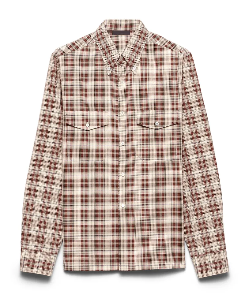Prada Hemd Mit Button-down-kragen Aus Baumwoll-karo, Herren, Elfenbein/kakaobraun, Größe Elfenbein