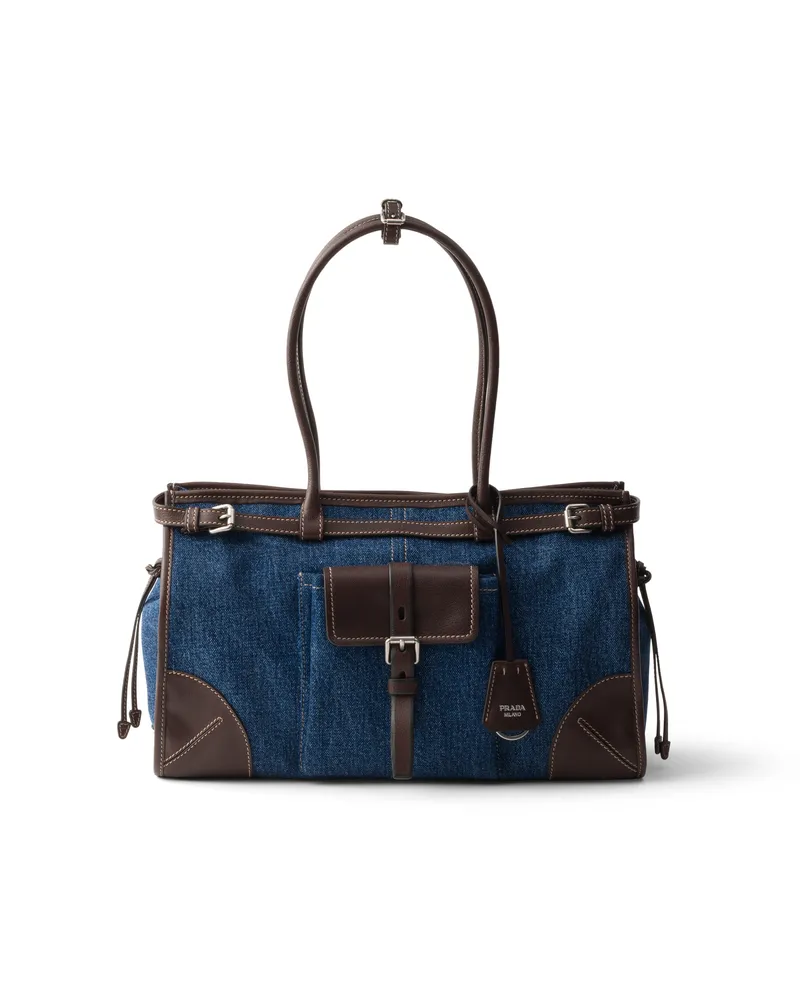 Prada Bonnie Große Handtasche Aus Denim Und Leder, Damen, Blau/kaffee Blau
