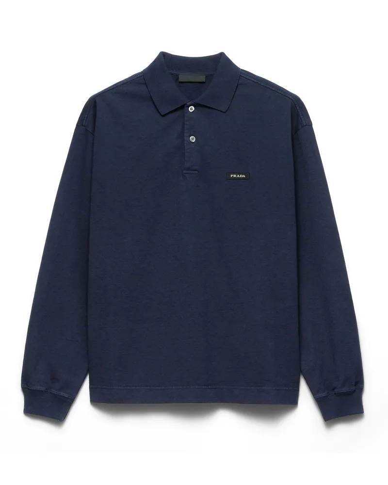 Prada Langärmliges Poloshirt Aus Baumwolle, Herren, Blau, Größe Blau