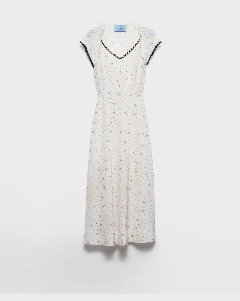 Prada Kleid aus Pongé mit Blumen-Print Weiss