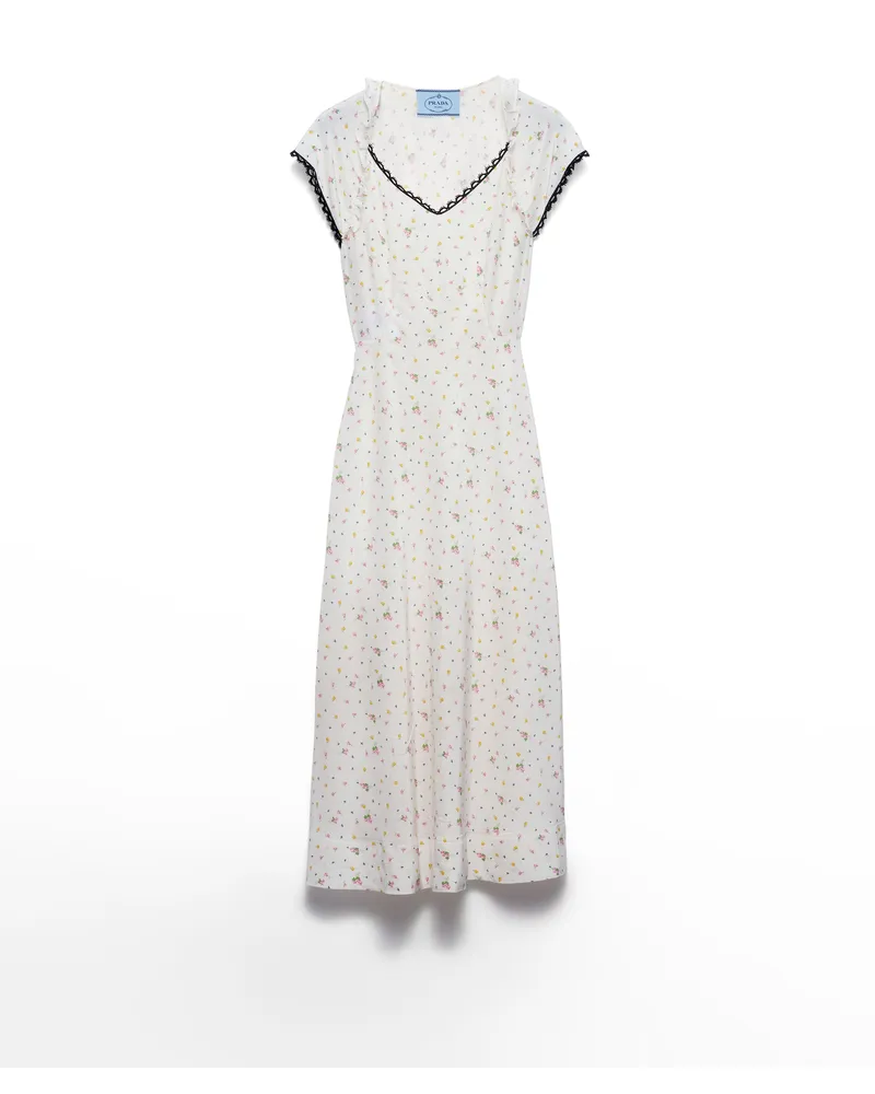Prada Kleid Aus Pongé Mit Blumen-print, Damen, Weiss, Größe Weiss