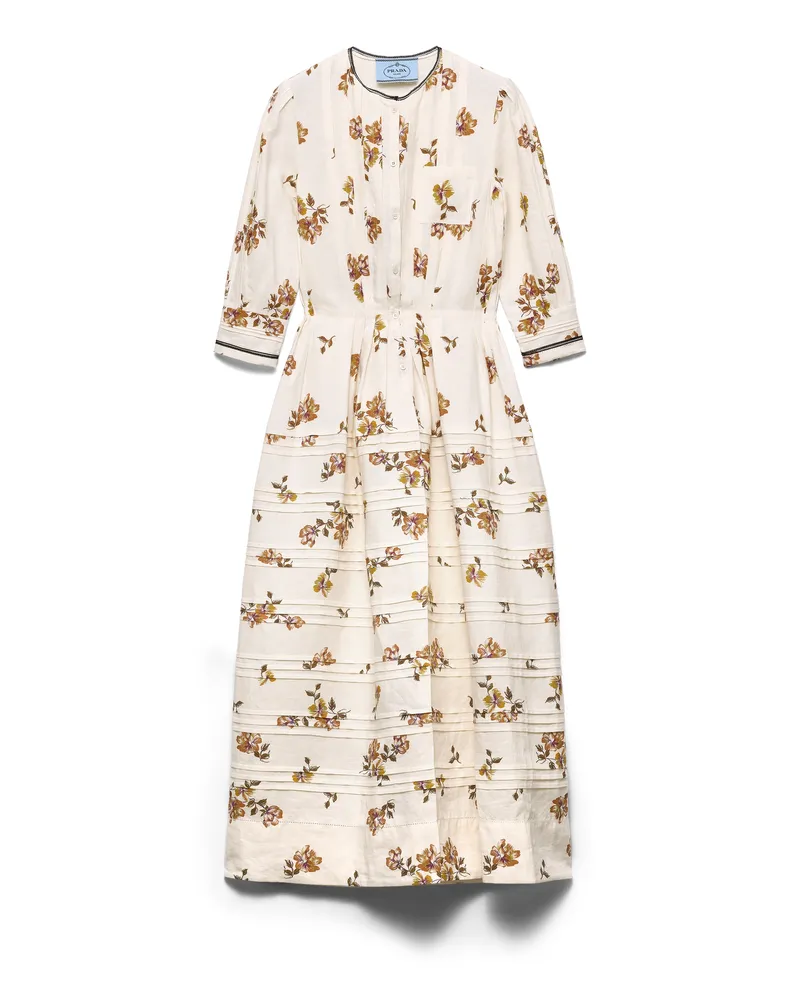 Prada Langes Kleid Aus Bedrucktem Leinen, Damen, Tabak, Größe Tabak