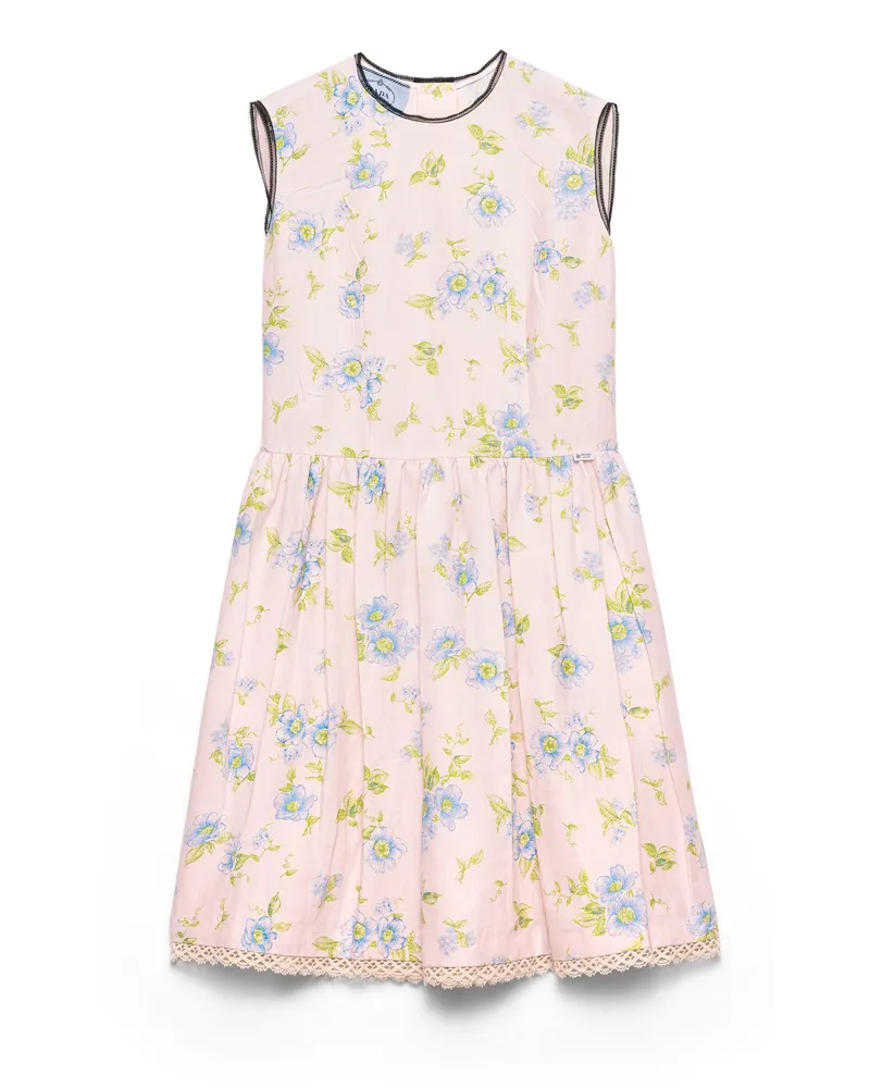 Prada Faltenkleid Aus Leinen Mit Blumenmuster, Damen, Alabasterrosa, Größe Alabasterrosa