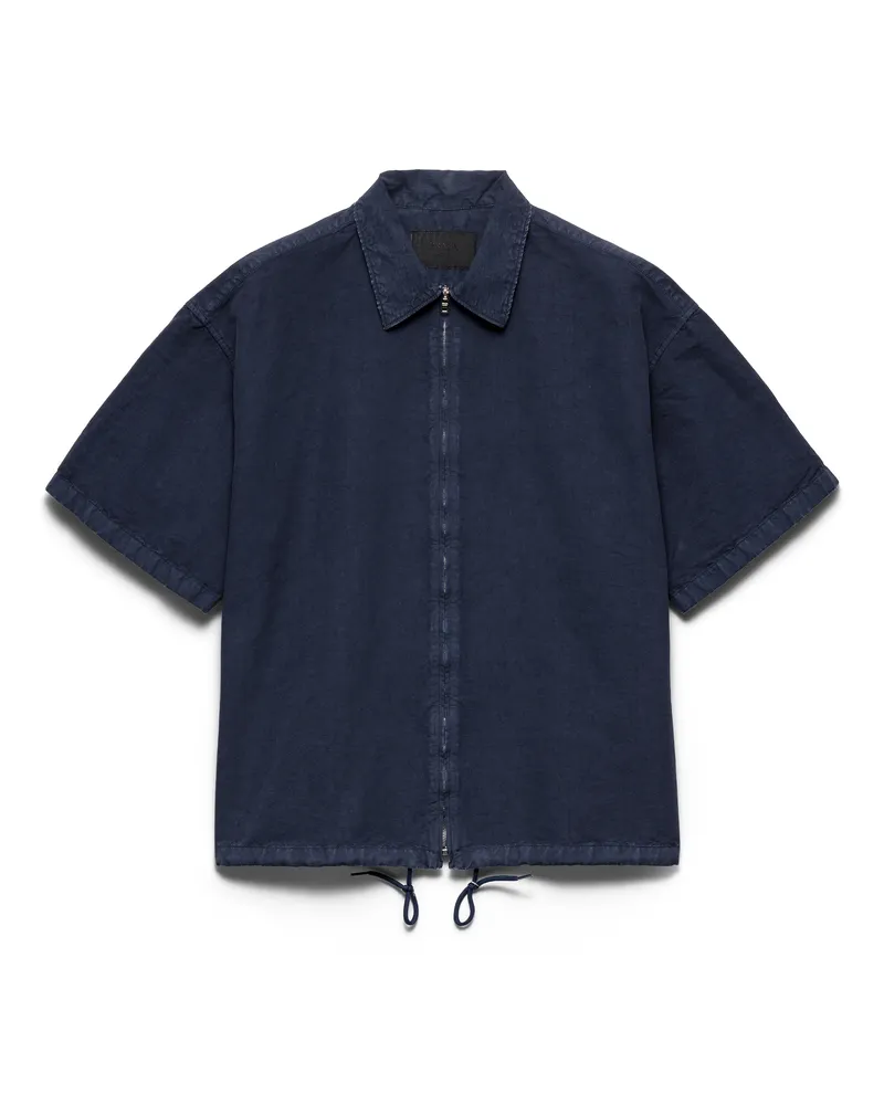 Prada Kurzärmliges Hemd Aus Baumwolle Mit Reißverschluss, Herren, Marineblau, Größe Marineblau