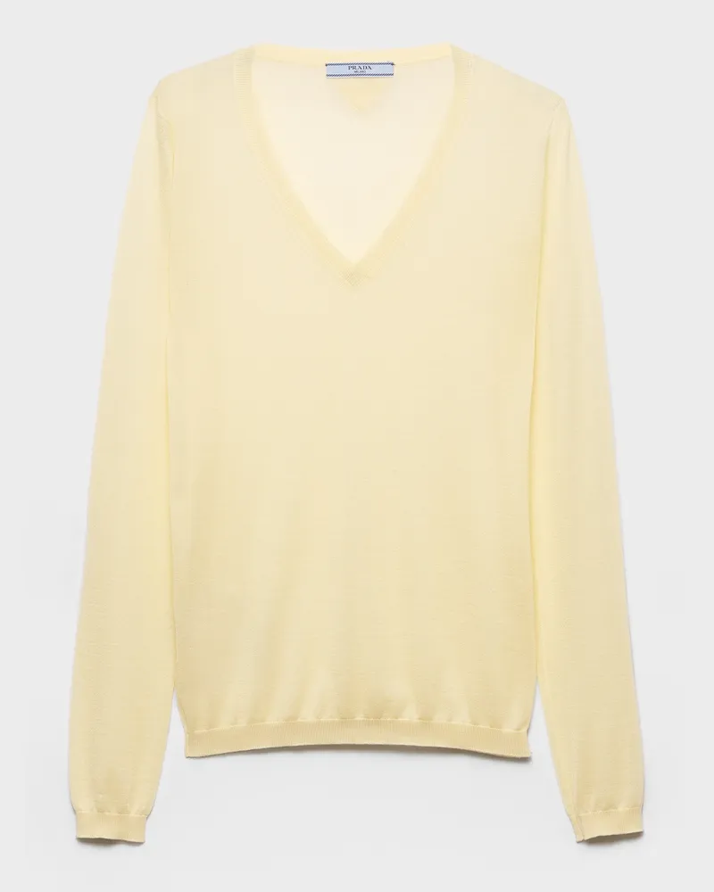 Prada Pullover mit V-Ausschnitt aus Kaschmir und Seide Creme