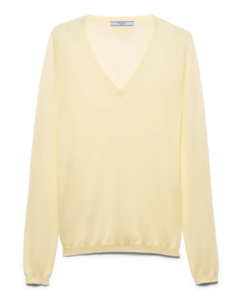 Prada Pullover Mit V-ausschnitt Aus Kaschmir Und Seide, Damen, Creme, Größe Creme