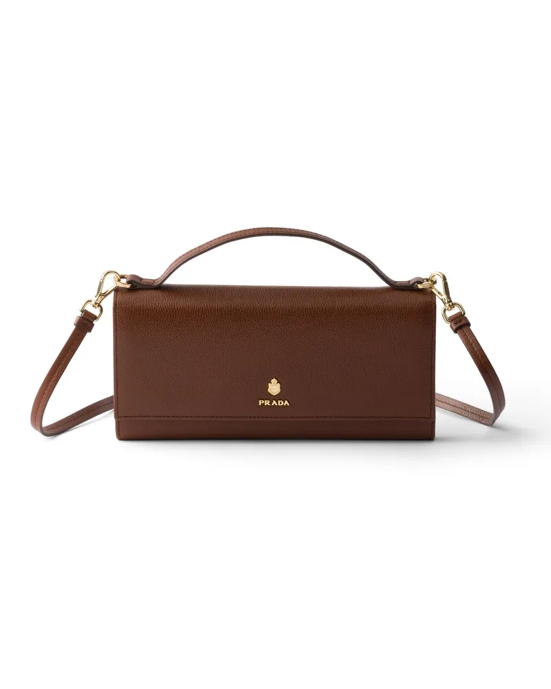 Prada Brieftasche Aus Leder Mit Schulterriemen, Damen, Haselnussbraun Haselnussbraun