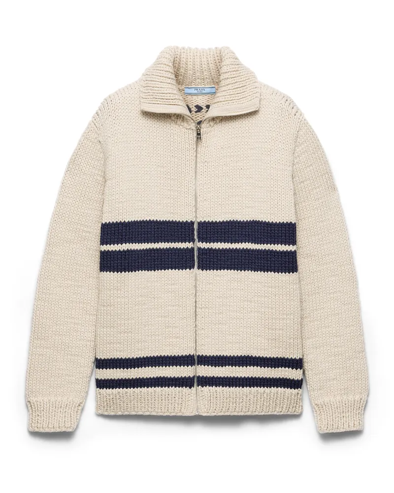 Prada Strickjacke Aus Wolle Mit Reißverschluss, Damen, Elfenbein/blau, Größe Elfenbein