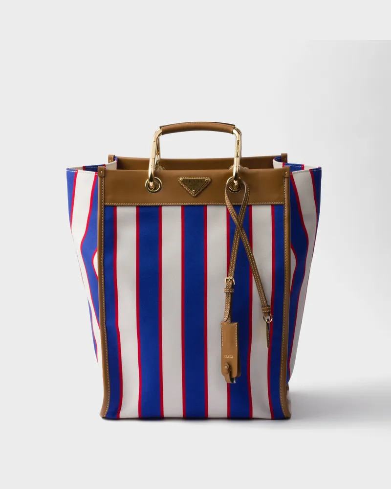 Prada Große Tote Bag aus bedrucktem Canvas und Leder Königsblau