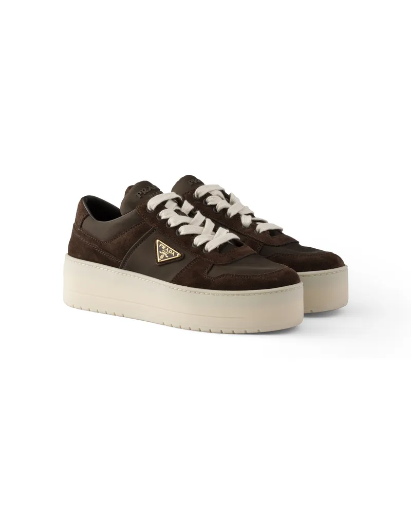 Prada Downtown Sneaker Aus Re-nylon Und Wildleder, Damen, Dunkelbraun, Größe Dunkelbraun
