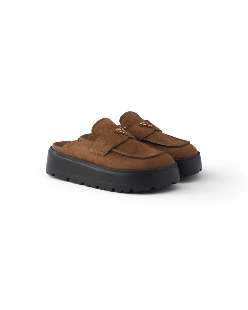 Prada Nubuk-plateau-mules, Damen, Kakaobraun, Größe Kakaobraun