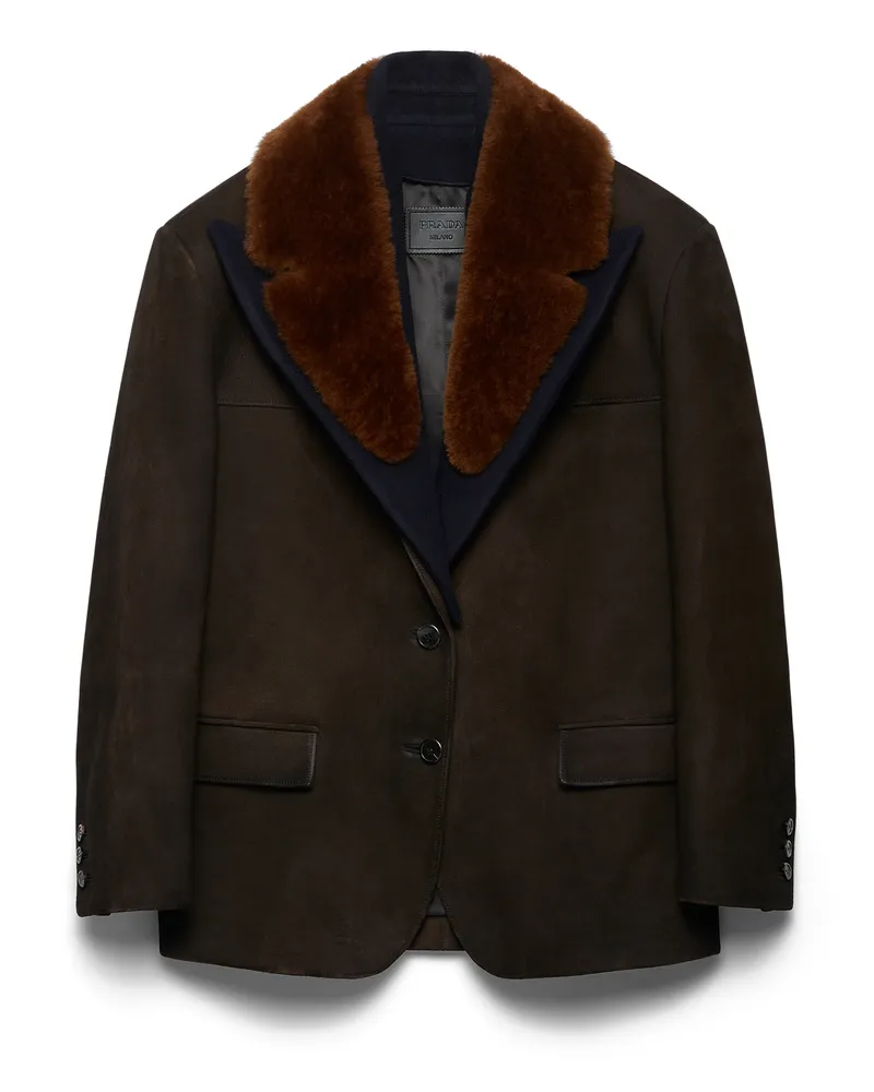 Prada Cabanjacke Aus Wildleder Und Lammfell, Damen, Ebenholz, Größe Ebenholz