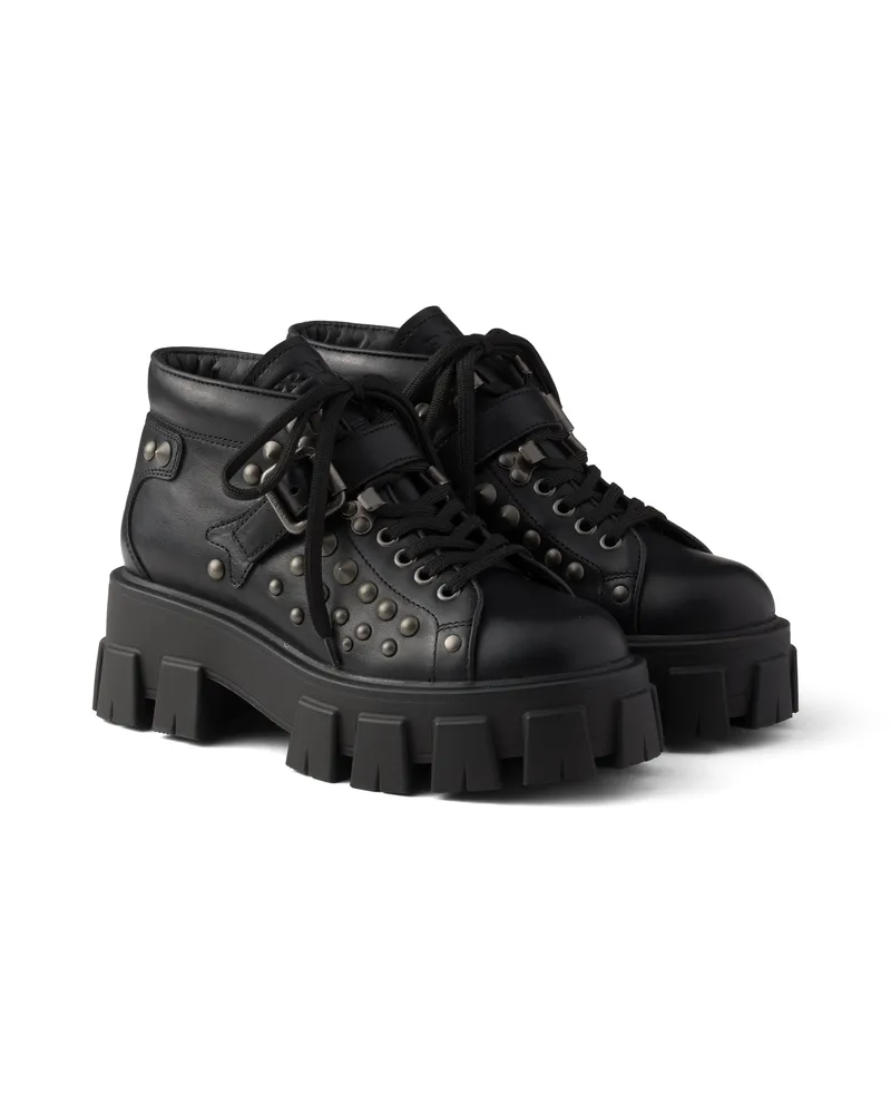 Prada Monolith Stiefeletten Aus Leder Mit Nieten, Damen, Schwarz, Größe Schwarz