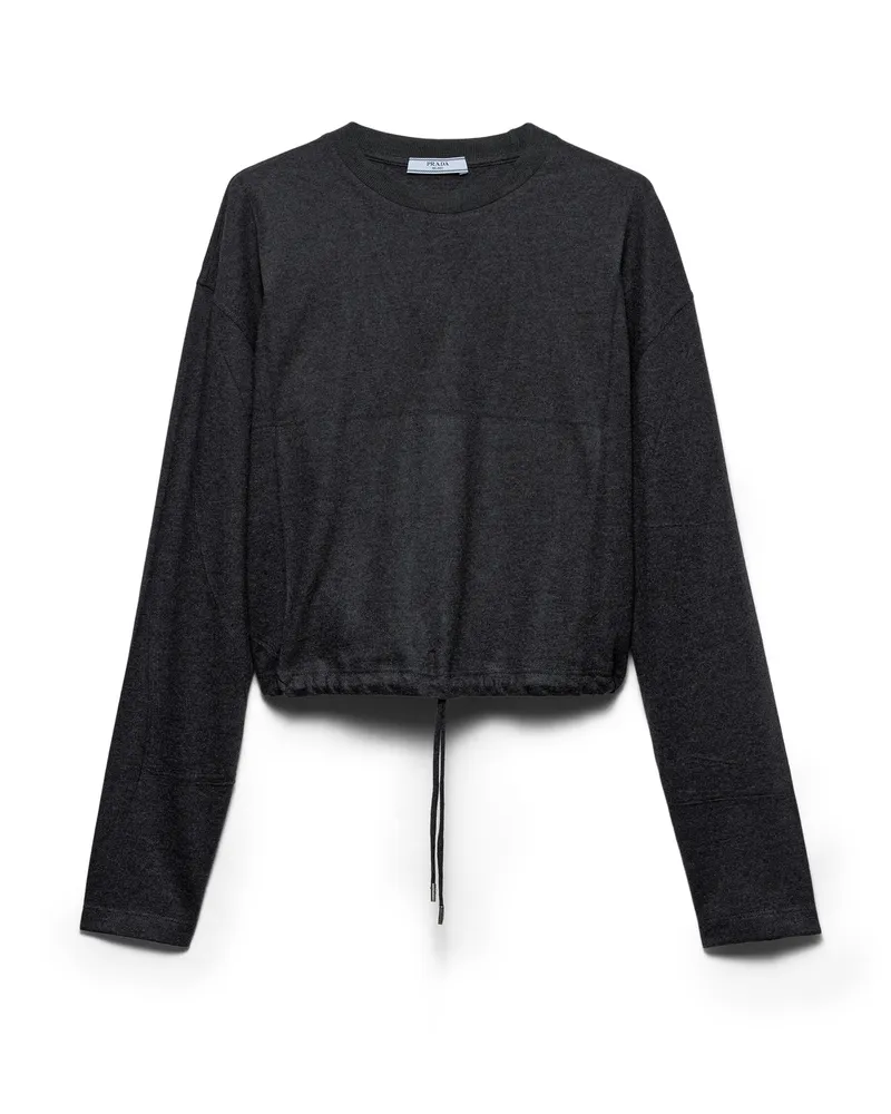 Prada Langärmliges T-shirt Aus Wolle Und Kaschmir, Damen, Schiefergrau, Größe Schiefergrau