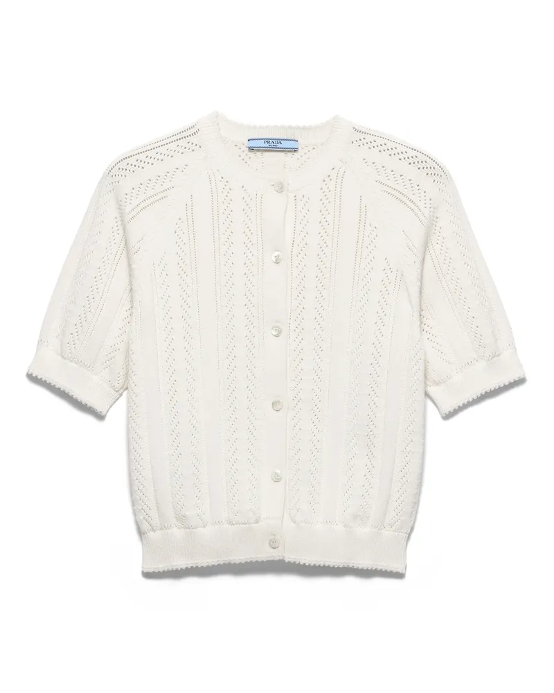 Prada Kurzärmlige Strickjacke Aus Baumwoll-durchbruchstrick, Damen, Weiss, Größe Weiss