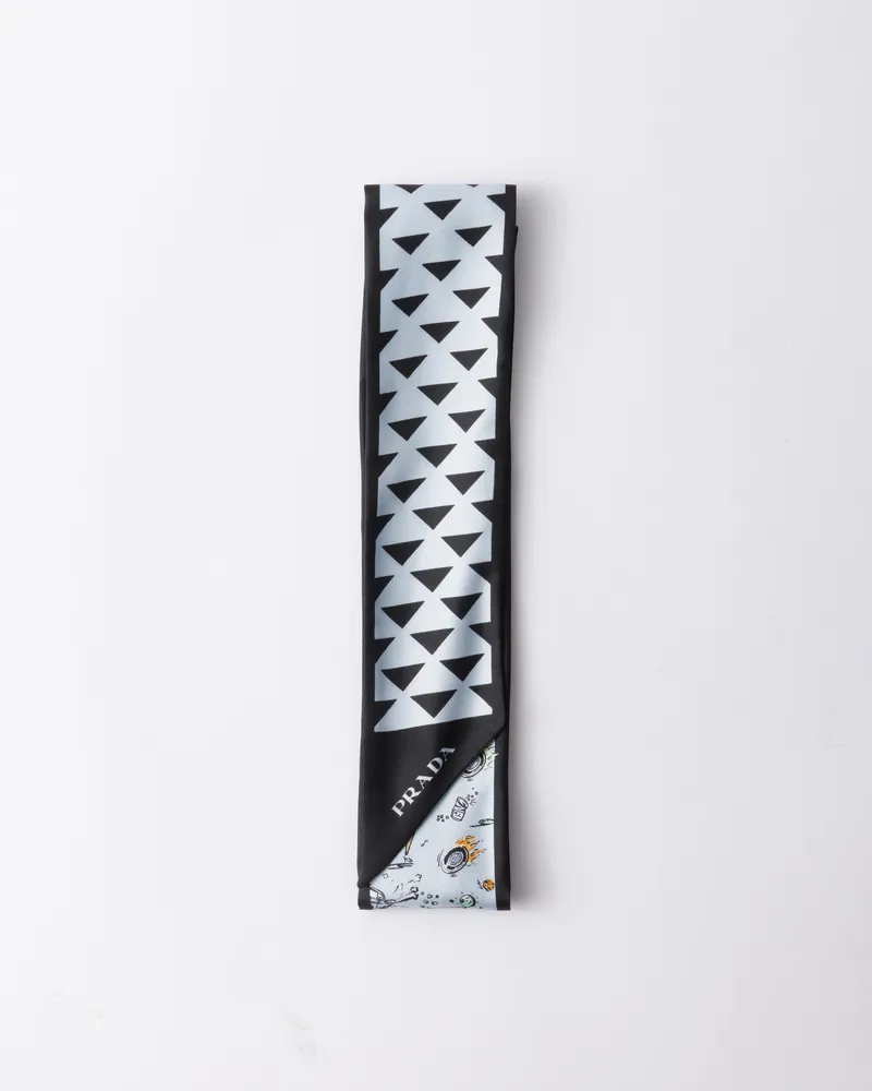 Prada Schmaler Schal Aus Bedrucktem Seidentwill, Damen, Schwarz/himmelblau Schwarz