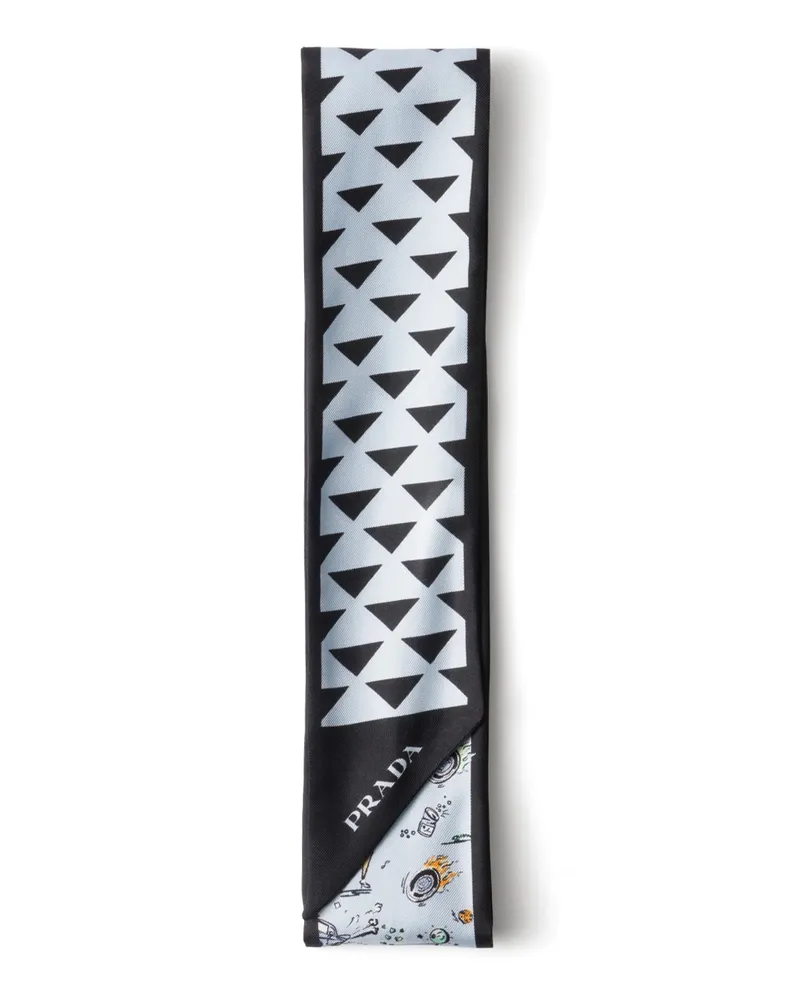 Prada Schmaler Schal Aus Bedrucktem Seidentwill, Damen, Schwarz/himmelblau Schwarz