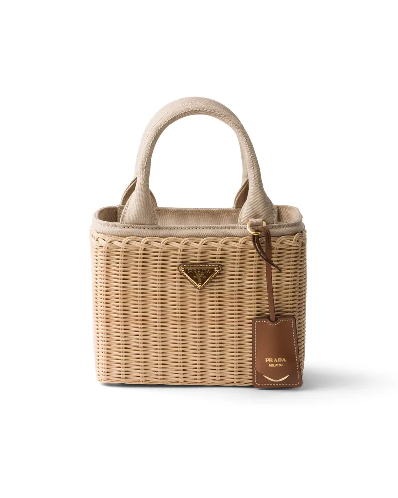 Prada Kleine Tote Bag Aus Korbgeflecht Und Canvas, Damen, Hellbraun Hellbraun