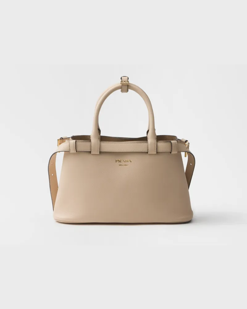 Prada Kleine  Buckle Handtasche aus Leder mit doppeltem Gürtel Travertingrau