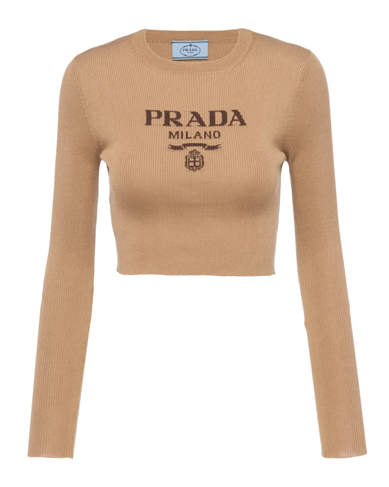Prada Kurzer Pullover Aus Seide Mit Logo, Damen, Kamelbraun, Größe Kamelbraun