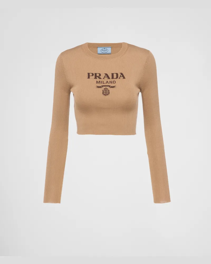 Prada Kurzer Pullover aus Seide mit Logo Kamelbraun