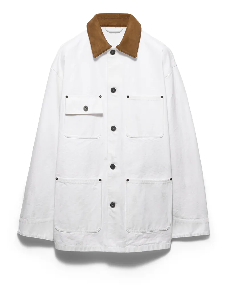 Prada Jacke Aus Canvas Mit Lederbesatz , Herren, Weiss, Größe Weiss