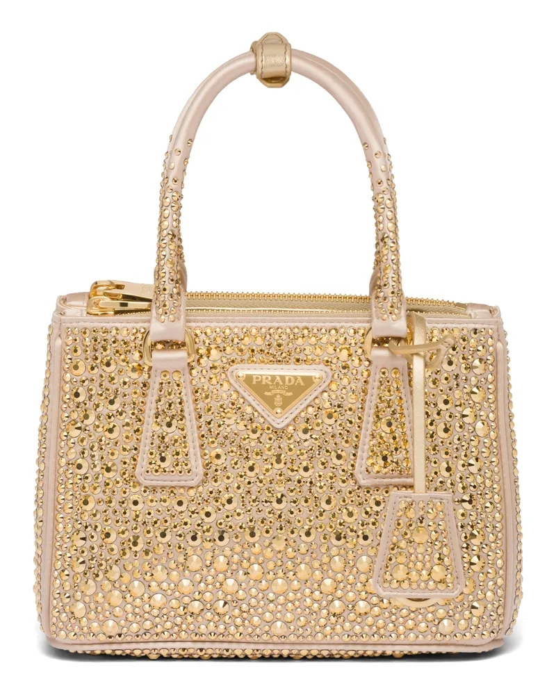 Prada Galleria Mini Bag Aus Satin Mit Kristallen, Damen, Platin Platin