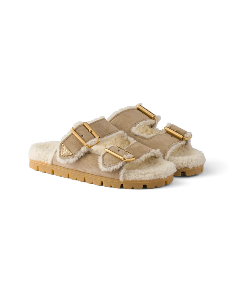 Prada Slipper Aus Wildleder Und Lammfell, Damen, Wüstenbeige, Größe Wüstenbeige