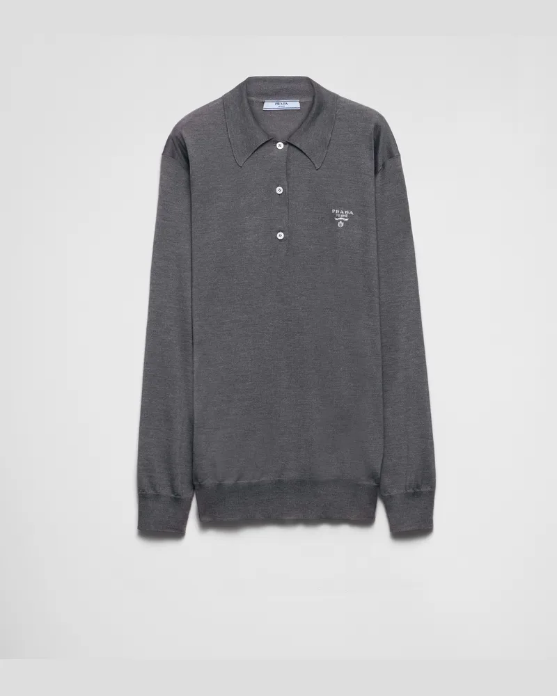 Prada Langärmliges Poloshirt aus Seide Schiefergrau