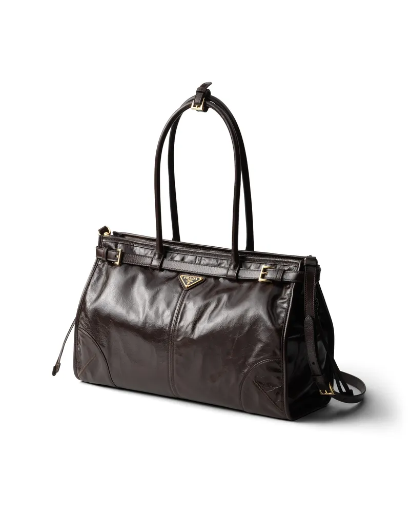 Prada Bonnie Große Handtasche Aus Leder, Damen, Dunkelbraun Dunkelbraun