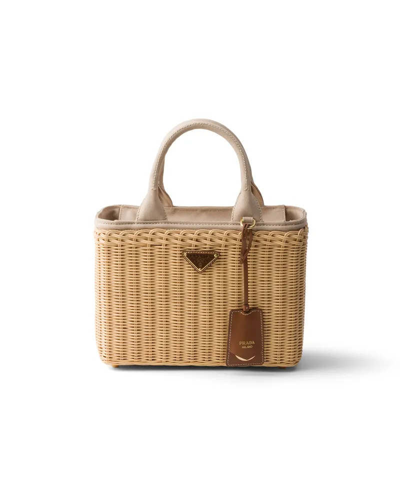 Prada Tote Bag Aus Mittlerem Korbgeflecht Und Canvas, Damen, Hellbraun Hellbraun