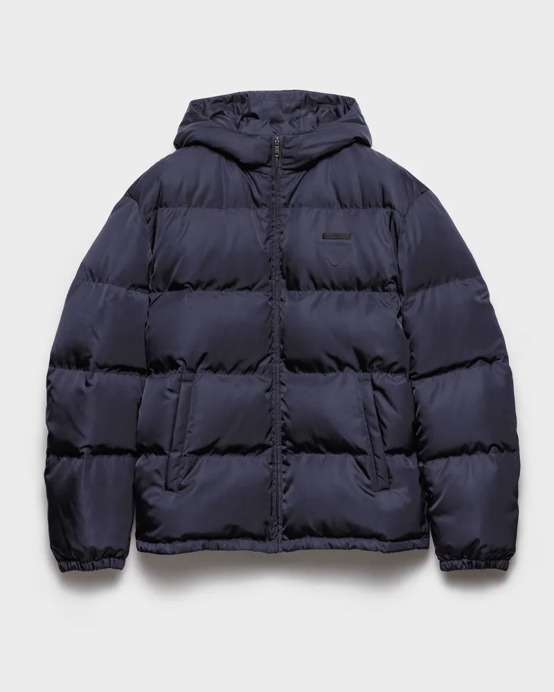 Prada Mittelschwere Daunenjacke mit Kapuze aus Re-Nylon Blau