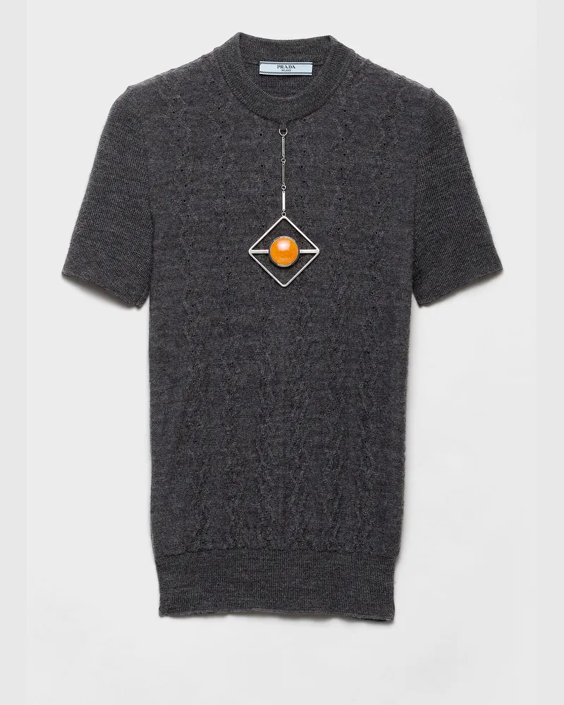 Prada Kurzarm-Pullover aus Wolle mit Anhänger Schiefergrau