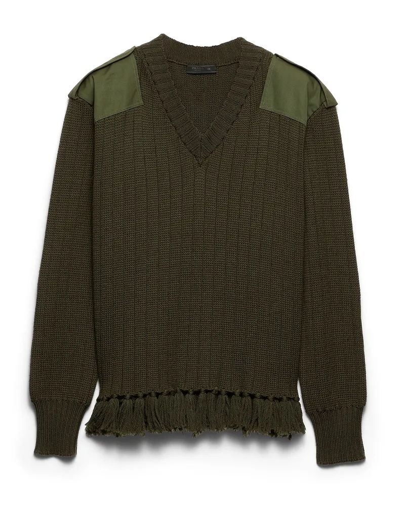 Prada Pullover Aus Wolle Mit Fransen, Herren, Militärgrün, Größe Militärgrün