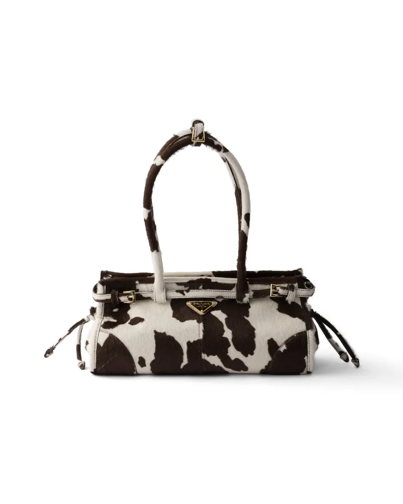 Prada Bonnie Mittelgroße Handtasche Aus Bedrucktem Leder, Damen, Weiß/dunkelbraun Weiß