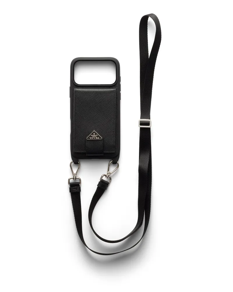 Prada Hülle Für Iphone 17 Pro Max Aus Saffiano-leder Mit Schulterriemen, Herren, Schwarz Schwarz