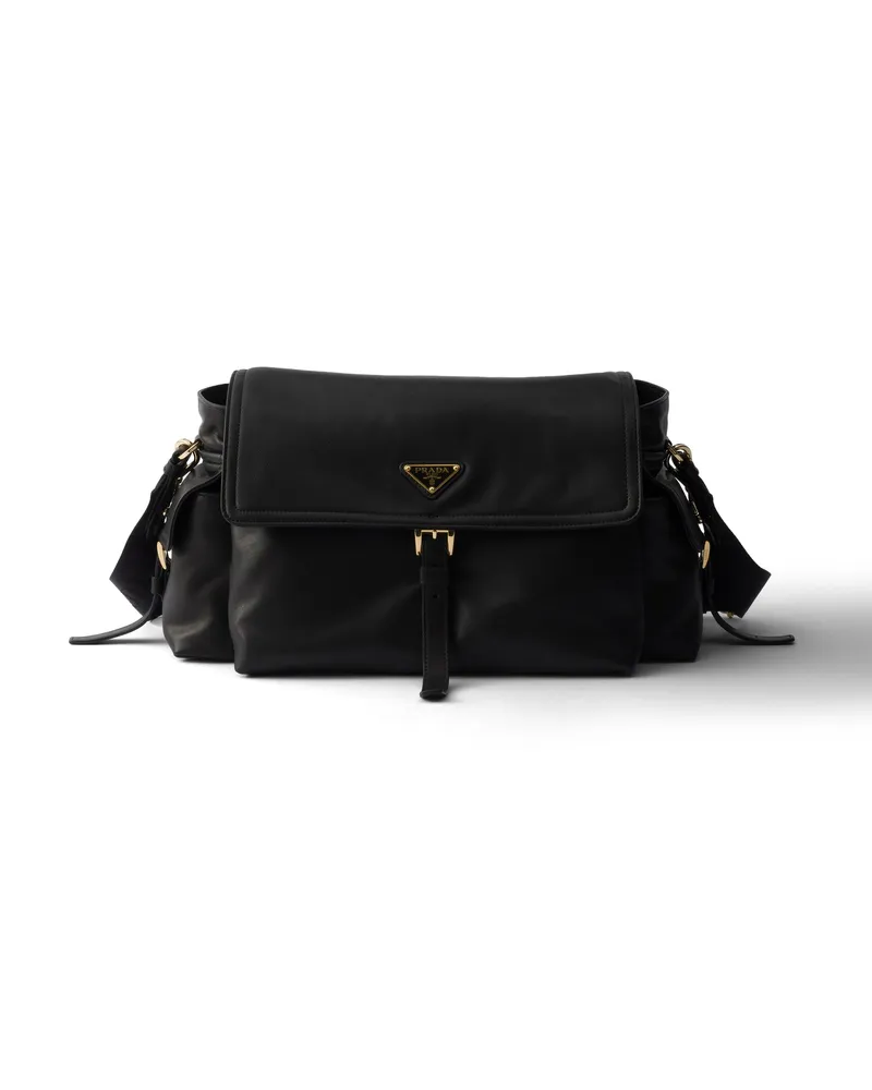 Prada Explore Große Schultertasche Aus Nappa-leder Mit Klappe, Damen, Schwarz Schwarz
