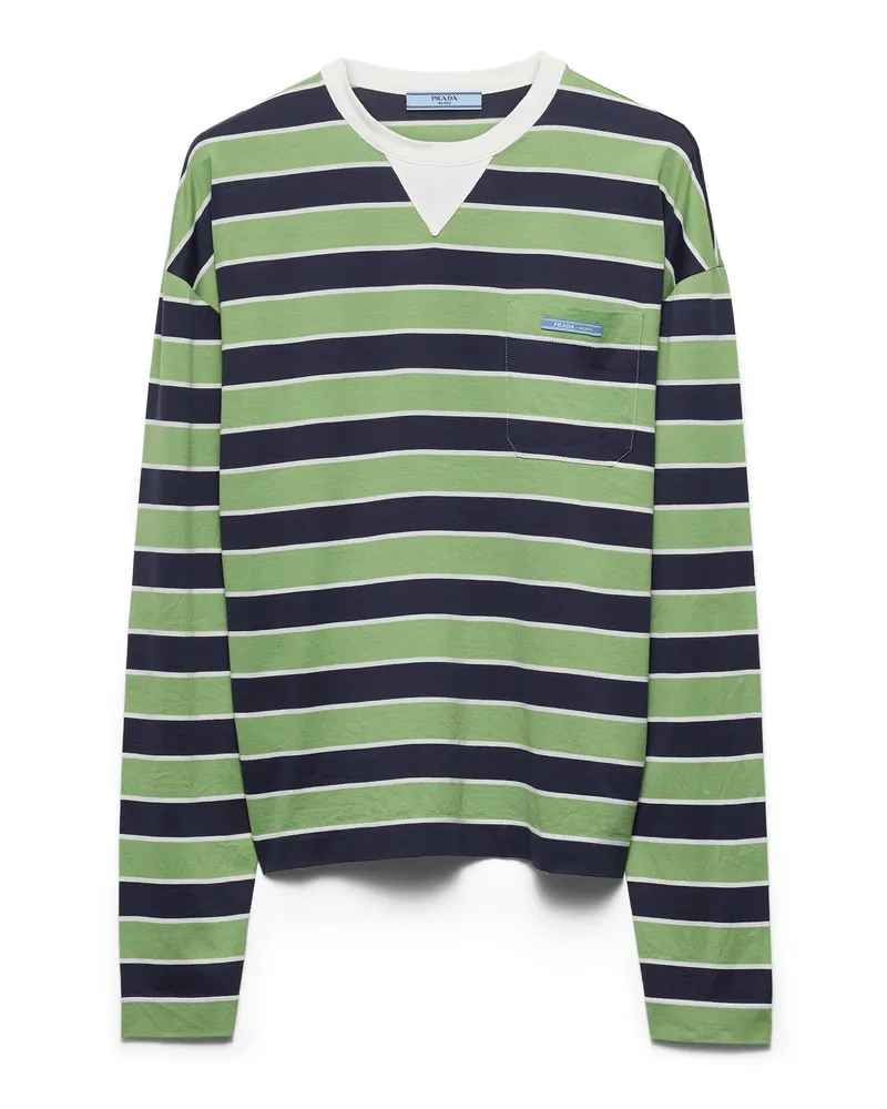 Prada Langärmliges T-shirt Aus Lisle-baumwolle Mit Bayadere-streifen , Damen, Blau/farngrün, Größe Blau