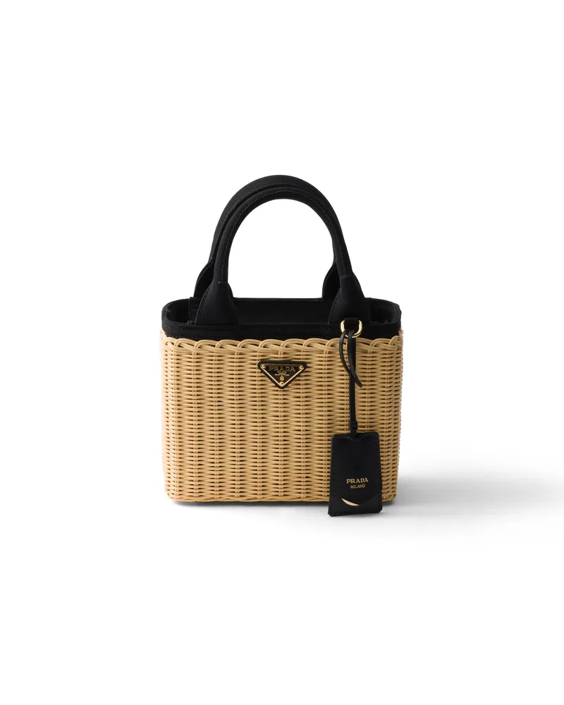 Prada Kleine Tote Bag Aus Korbgeflecht Und Canvas, Damen, Hellbraun/schwarz Hellbraun