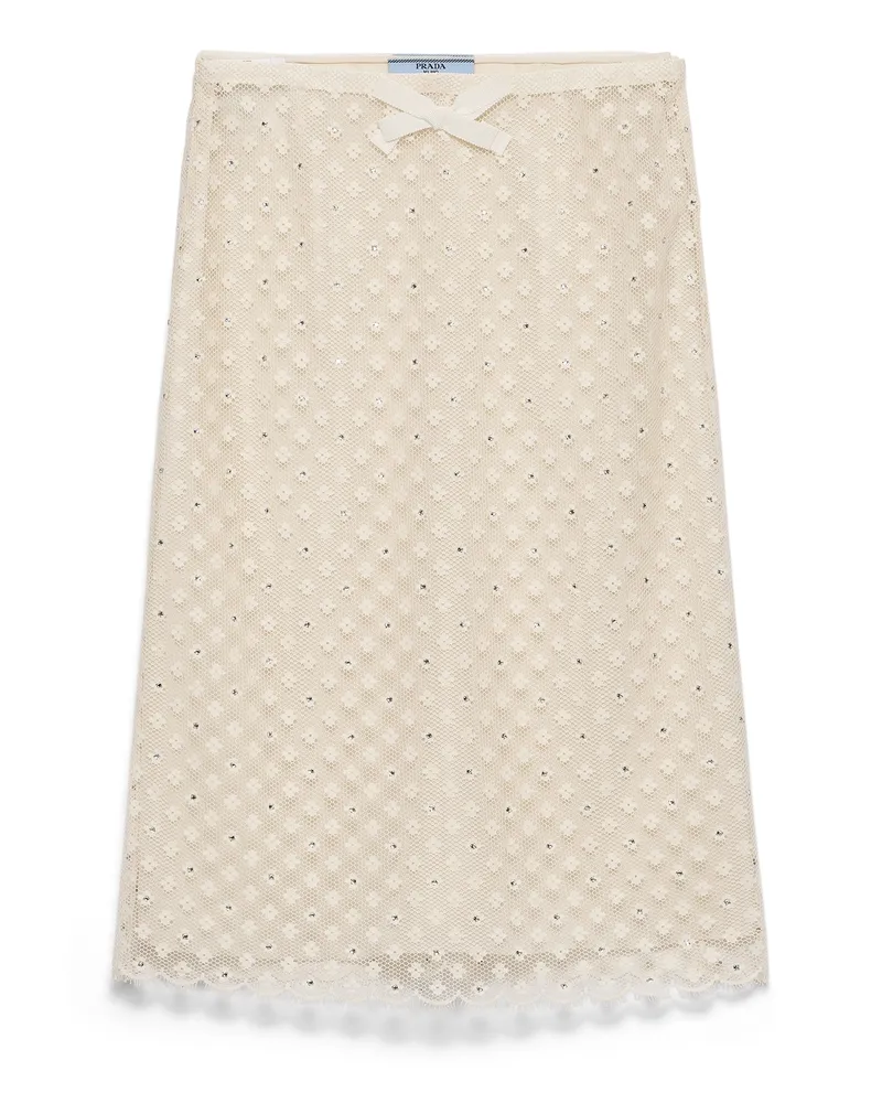 Prada Bestickter Rock Mit Spitzen-overlay, Damen, Natur, Größe Natur